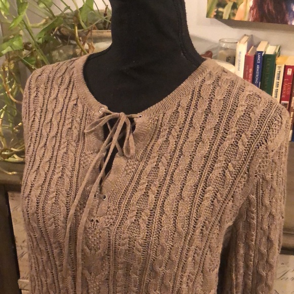 JEANNE PIERRE TUNIC LENGTH TIED FRONT CABLE KNIT SWEATER TAUPE SIZE LARGE NEW - Picture 3 of 11